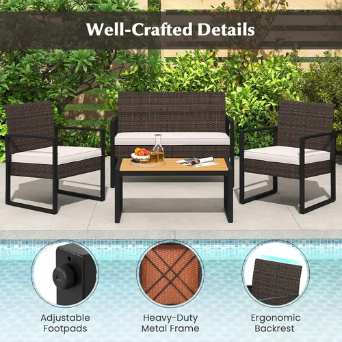 Vista 8 de Tangkula Juego de muebles de patio de 4 piezas, juego de conversación de ratán para exteriores con sillas acolchadas y mesa de centro de plástico