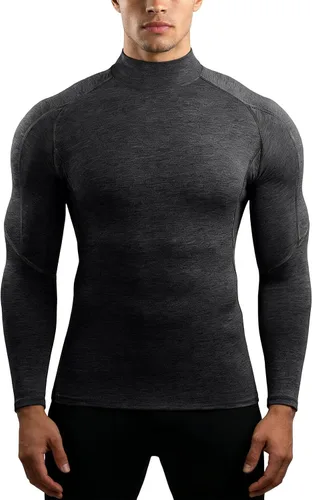 Vista 6 de Camisa de compresión para hombre, cuello alto falso raglán de manga larga, camiseta interior elástica de capa base atlética
