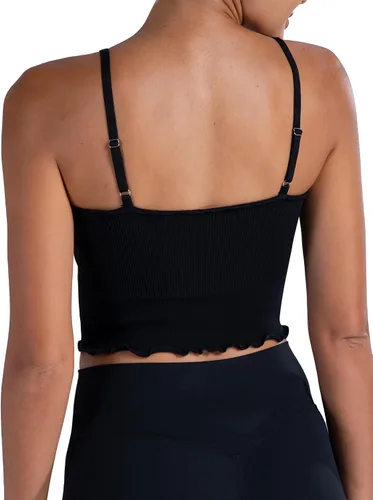 Vista 3 de Sunzel Womens Seamless Tank Tops V Neck Ribbed Cropped Tops with Ruffles and Adjustable Straps for Workout Yoga