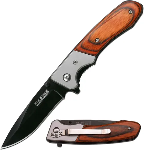 Vista 2 de Tac-Force Serie de cuchillos de bolsillo plegable, hoja de punto de caída, mango de madera con refuerzo de acero inoxidable, clip de bolsillo 2Pack