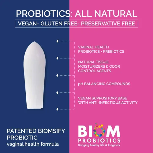 Vista 5 de Supositorio probiótico vaginal Biom: pH vaginal natural y régimen de control de olores; equilibra y nutre el microbioma vaginal; sin parabenos