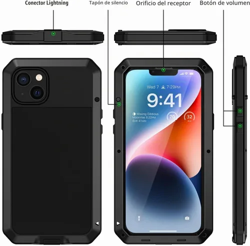 Vista 5 de Lanhiem Funda de metal para iPhone 14, resistente a los golpes, con protector de pantalla de vidrio integrado, 360º cuerpo completo a prueba de Negro