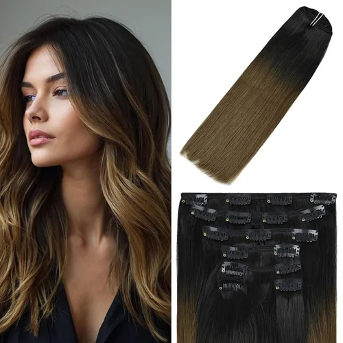 Vista 35 de WindTouch - Extensiones de cabello humano liso con pinzas, color negro azabache, 2.47 onzas, N.° 1, 12 pulgadas, 7