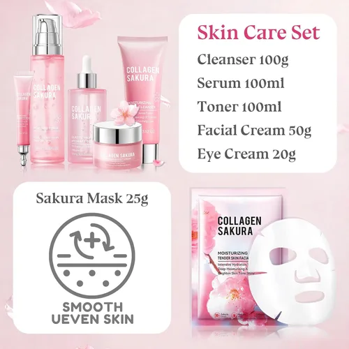 Vista 7 de Set de cuidado de la piel - Kit de cuidado de la piel de viaje, juego de colágeno Sakura con máscara, crema de ojos, limpiador, suero, crema facial
