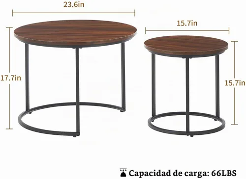 Vista 2 de Juego de 2 mesas de centro redondas anidadas, mesas anidables de madera con patrón de mármol moderno, mesa auxiliar apilable minimalista para sala