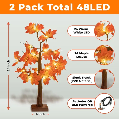 Vista 3 de Árbol de arce iluminado de otoño, 48 luces LED, funciona con USB / pilas, árbol de 24 pulgadas, centro de mesa de Acción de Gracias, decoración
