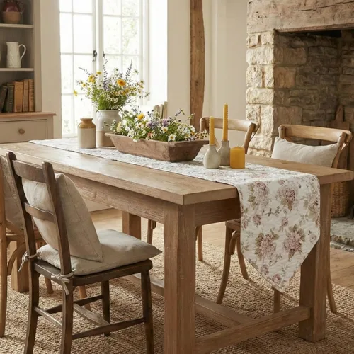 Vista 9 de DaDalogy Bedding - Camino de mesa de comedor acolchado floral con rosas de algodón – Bonito tapete decorativo de algodón para el jardín, bar