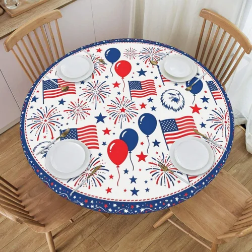 Vista 2 de Mantel redondo ajustable para el 4 de julio, con elástico patriótico Día de la Independencia, Día de los Caídos, círculo para mesas Día