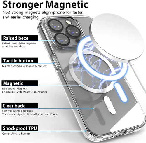 Vista 3 de Funda para iPhone 15 Pro, transparente, híbrida, a prueba de golpes, resistente [compatible con accesorios Magsafe], juego de fundas todo en uno
