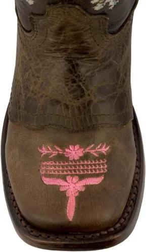 Vista 3 de Jazmin - Botas vaqueras con bordado floral para niñas pequeñas, color marrón, punta cuadrada, TRUE