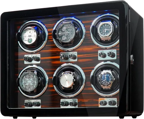 Vista 2 de Oryx - 6 bobinadoras de reloj para relojes automáticos, caja de reloj giratoria de madera, 15 modos de rotación, vitrina con luz LED, motor Mabuchi