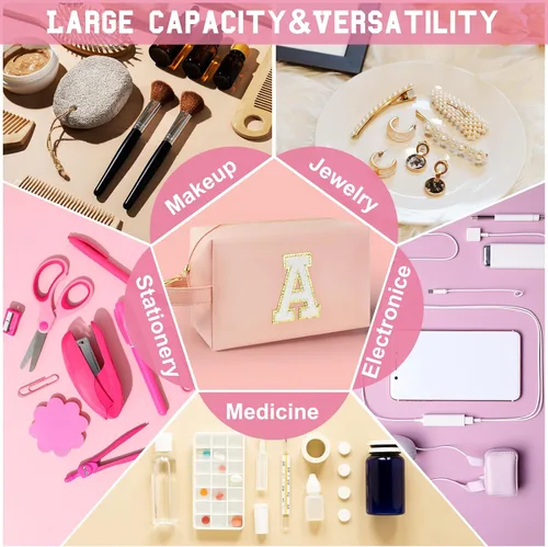 Vista 5 de Bolsa de maquillaje personalizada con inicial con asa, bolsa de cosméticos de preparación con bolsillo interior con cremallera, 8, 9, 10, 11, 12 Rosa