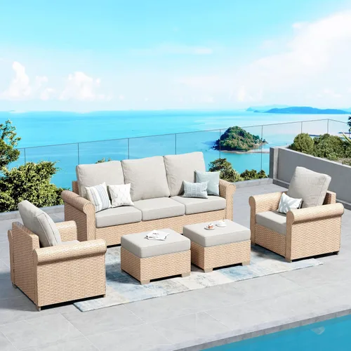 Vista 12 de SUNSHINE VALLEY - Juego de conversación de mimbre para patio de 4 piezas con mesa auxiliar Beige
