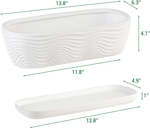 Vista 5 de MyGift Maceta de cerámica de 12.5 pulgadas, moderna maceta rectangular texturizada para suculentas con diseño de ondas y platillo extraíble (blanco)