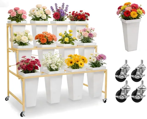 Vista 13 de Soporte de exhibición de flores de 3 niveles, soporte móvil de metal para plantas con 12 cubos, carrito de flores con ruedas, adecuado