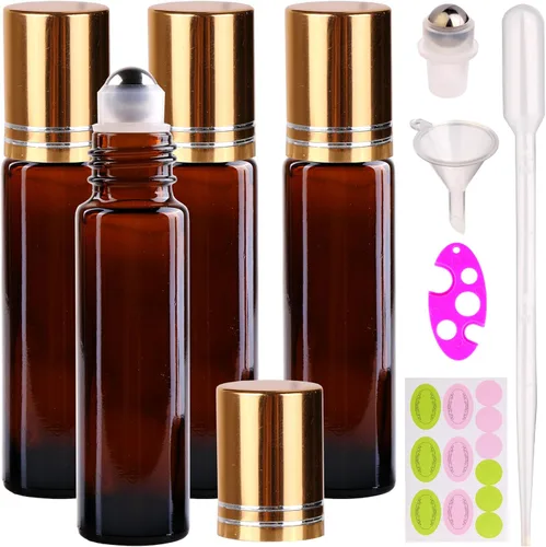 Vista 11 de inice 100 botellas de roll-on de 10 ml de vidrio ámbar para aceites esenciales con bolas de rodillo de acero inoxidable y tapa de aleación