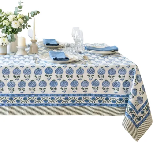 Vista 40 de ATOSII Mantel 100% algodón, Amara, floral, hecho a mano, rectangular, de lino, para cocina, comedor, fiestas, bodas, exteriores, picnics, Pascua