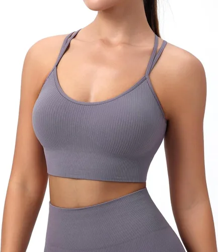 Vista 2 de Brasier deportivo acanalado para mujer, con tirantes acolchados, espalda, perfecto para yoga, entrenamiento y fitness, diseño de bajo impacto y sin