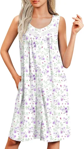 Vista 17 de Ekouaer Camisones para mujer, con botones, sin mangas, suave, con bolsillos, tallas S-XXXL