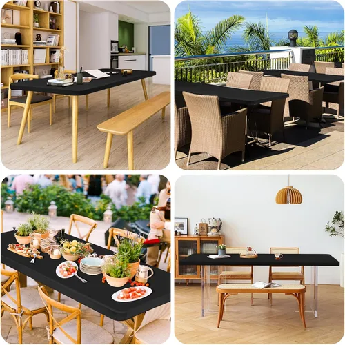 Vista 5 de Paquete de 12 fundas de tela elástica para mesas de 6 pies, fundas de mesa de elastano negro, protector universal rectangular para interiores