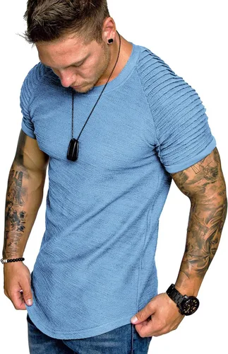 Vista 13 de COOFANDY Camiseta Muscular para Hombre de Manga Raglán Plisada Camiseta de Culturismo para Gimnasio Manga Corta Camisas de Entrenamiento de Moda