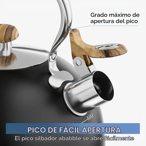 Vista 7 de Hervidor de té silbante de 2.6 cuartos de galón para estufa, de acero inoxidable de grado alimenticio con mango de madera con patrón fresco Negro