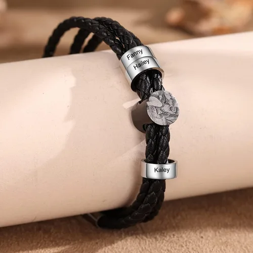 Vista 4 de Pulsera de cuero personalizada para hombre, con foto grabada personalizada, 1-6 nombres, cuentas para hombre, pulseras para padre, placa de nombre