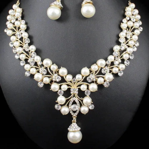 Vista 3 de Conjunto de collar de perlas de imitación de marfil blanco con diamantes de imitación transparente austriaco, conjunto de joyas de plata u oro