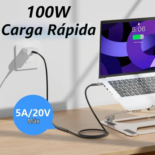 Vista 5 de Cable de extensión USB C largo de 20 pies, cable extensor USB3.2 tipo C de 20 Gbps/100 W, salida de video de 4K a 60 Hz, cable de carga trenzado