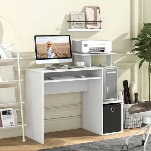 Vista 2 de Tangkula Escritorio para computadora con cajón de tela y bandeja para teclado, escritorio de estudio que ahorra espacio con estantes