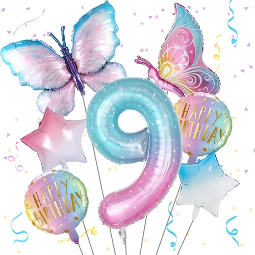 Vista 11 de Decoraciones de cumpleaños de mariposa, globos de mariposa, decoraciones de fiesta de primer cumpleaños para niñas, números de fantasía, 1 globo