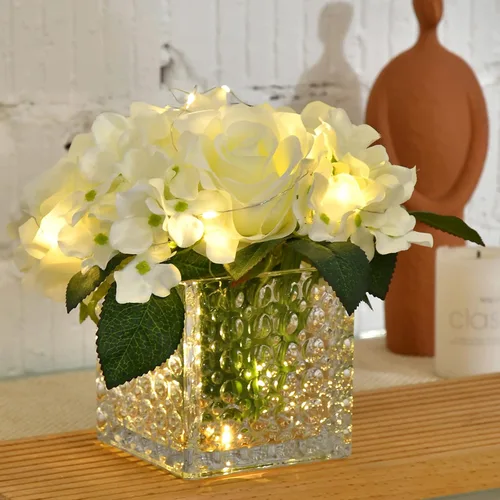 Vista 15 de Arreglo de centro de mesa de rosa artificial de seda en florero de vidrio con luz LED para decoración de bodas en el hogar (Negro)