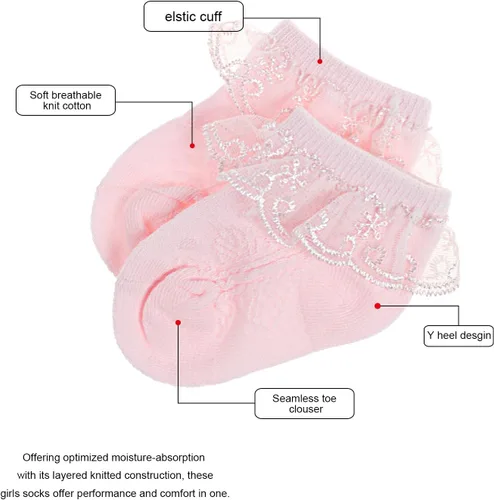 Vista 6 de DRESHOW Calcetines de bebé para niñas con ojales y volantes de encaje, calcetines de vestir para recién nacidosbebésniños pequeñosniños para niña