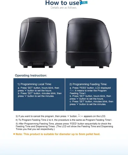 Vista 5 de Alimentador de peces solar/batería de 10L - Alimentador automático de estanque de gran angular de 120°, 1.76-49.38 oz/día ajustable, resistente a