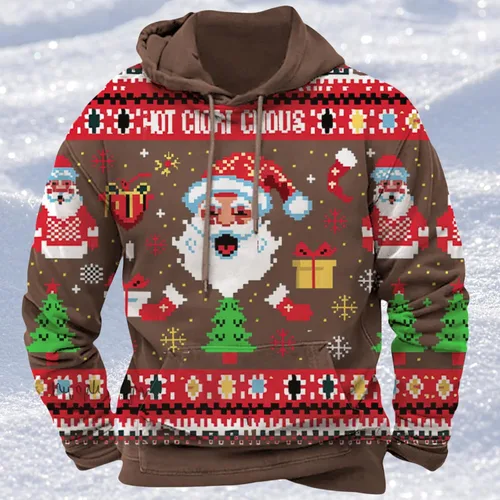 Vista 2 de Sudadera de Navidad para Hombres de Manga Larga con Capucha Gráfica de Moda Casual Holgada con Estampado de Santa Claus Tops Pullover de Navidad