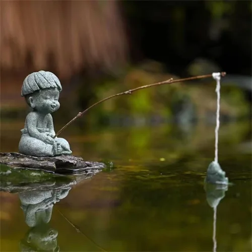 Vista 2 de livelyfish Little Fisherman Figurines Sandstone Chinese Miniatura Fisherman Statua Ornamento para pecera, micro paisaje, bonsái, decoración