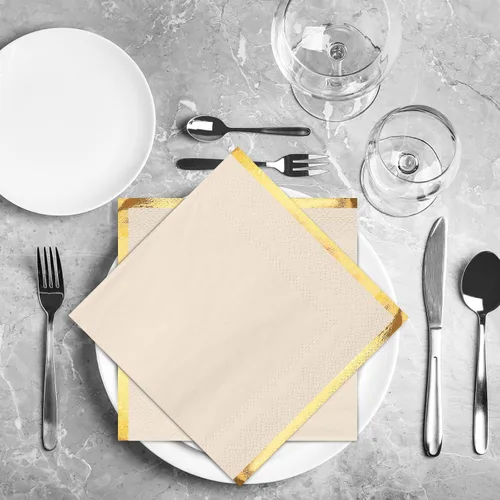 Vista 4 de Fulmoon Paquete de 100 servilletas de cóctel de papel de 2 capas con borde de lámina dorada para bebidas, postre, servilletas de papel desechables
