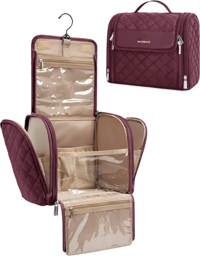 Vista 12 de BAGSMART Neceser de viaje para maquillaje con gancho para colgar, bolsa de cosméticos, organizador de gran capacidad, resistente al agua, para Beige