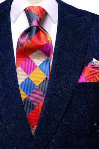 Vista 82 de Hi-Tie Corbata clásica de cachemira para hombre con pañuelo y gemelos a cuadros