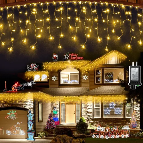 Vista 15 de Luces de Navidad de carámbano para exteriores, 60 pies, 612 luces LED con 136 gotas, 12 modos, regulable, temporizador y resistente al agua, 29 V