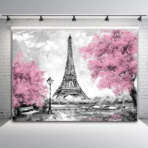 Vista 2 de Telón de fondo de fotografía de París, torre Eiffel, fondo de paisaje de ciudad europea, tapiz rosa para colgar en la pared, decoración para sala