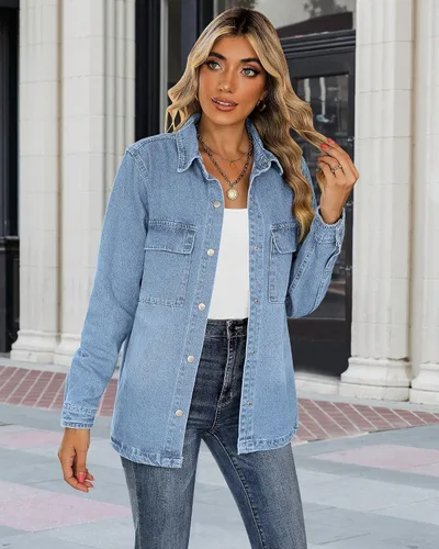 Vista 6 de Luvamia - Chaquetas de mezclilla para mujer 2025, moda de otoño, chaqueta de gran tamaño, abotonada, de mezclilla, chaqueta estilo western con azul