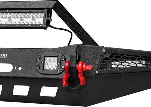Vista 3 de Parachoques delantero para Cherokee XJ, AAIWA parachoques de acero con barra de luz LED y soporte de placa de cabrestante compatible con Cherokee XJ
