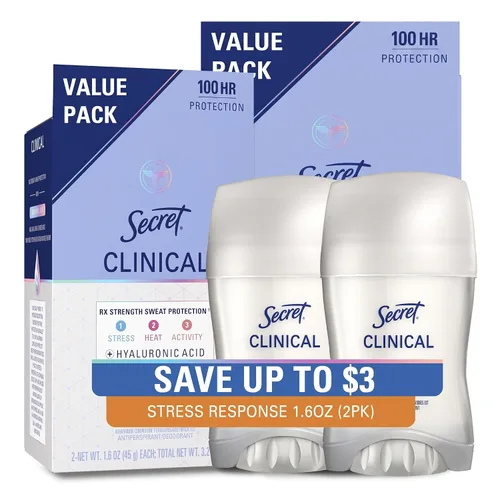 Vista 12 de Secret Clinical Strength 100HR - Desodorante antitranspirante sólido invisible para mujeres, protección contra el estrés con ácido hialurónico, pH