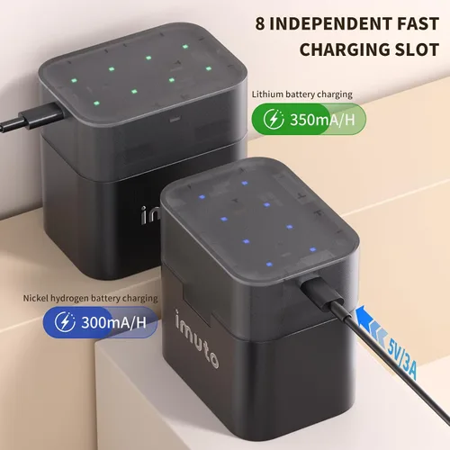 Vista 4 de imuto Cargador de batería AA recargable, cargador inteligente AA compatible con batería recargable de litio y NiMH, carga independiente de 8