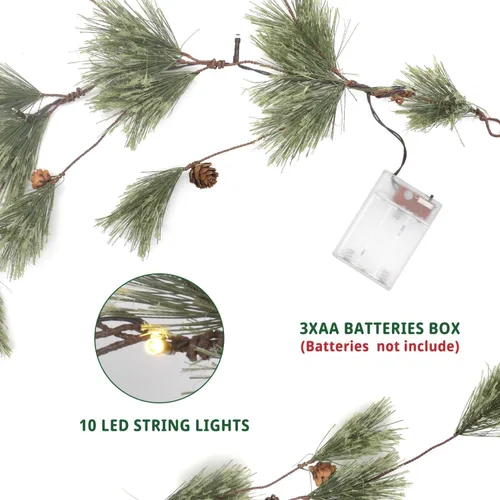 Vista 7 de Guirnalda de Navidad rústica de 6.4 pies con luz, preiluminada para exteriores con agujas de pino y piñas para chimenea, puerta, porche, repisa