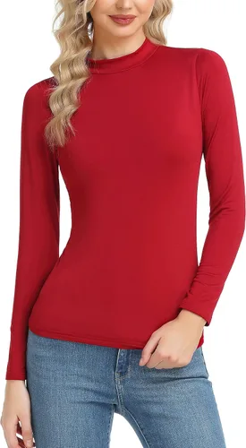 Vista 10 de Camiseta térmica básica de manga larga para mujer, ligera, con cuello alto falso, ajustada, capa suave Beige