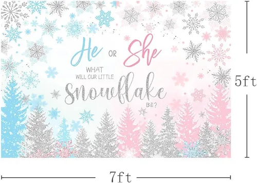Vista 3 de MEHOFOND Fondo de revelación de género de invierno de 7 x 5 pies, ¿qué será nuestro pequeño copo de nieve para niño o niña? Fondo de fotografía rosa