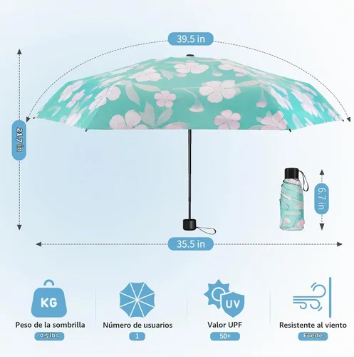 Vista 2 de Yoobure Mini Travel Umbrella with Case, Compact Folding Umbrella Flor de melocotón azul