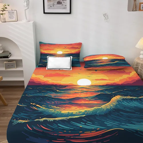 Vista 2 de Juego de sábanas de 3 piezas con diseño de mar y puesta de sol, tamaño individual, juego de sábanas y fundas de almohada estampadas de microfibra